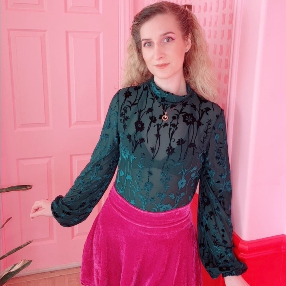 Velvet Dark Green Sheer Floral Blouse